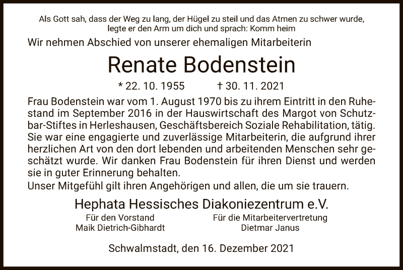  Traueranzeige für Renate Bodenstein vom 18.12.2021 aus WRS