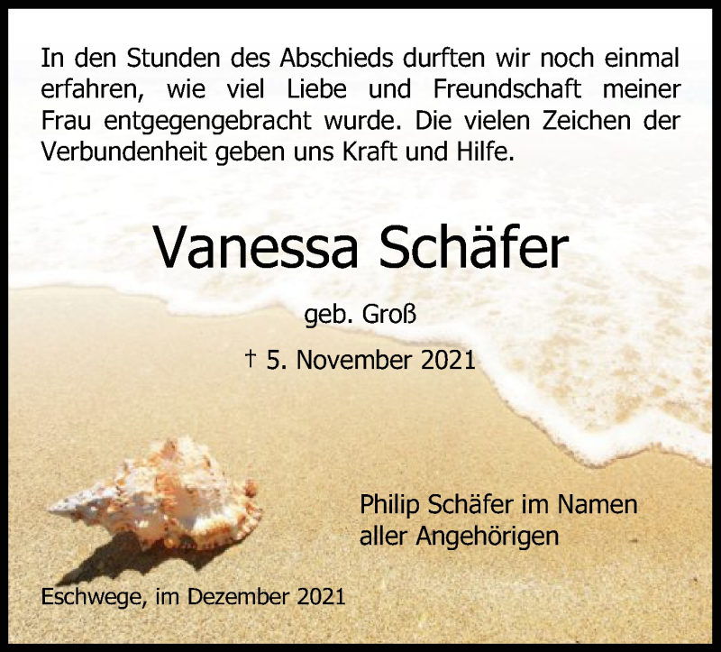  Traueranzeige für Vanessa Schäfer vom 18.12.2021 aus WRS