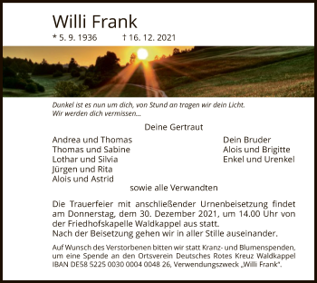 Traueranzeige von Willi Frank von WRS