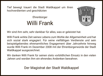 Traueranzeige von Willi Frank von WRS