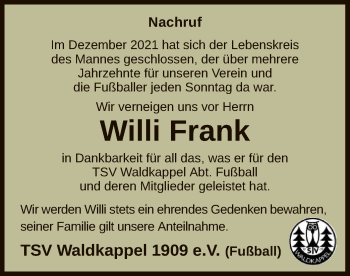 Traueranzeige von Willi Frank von WRS