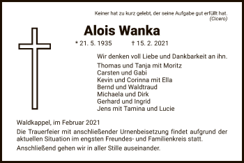 Traueranzeige von Alois Wanka von WRS