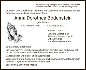 Traueranzeige von Anna Dorothea Bodenstein von WRS