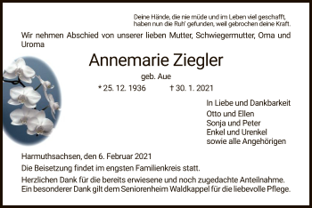 Traueranzeige von Annemarie Ziegler von WRS