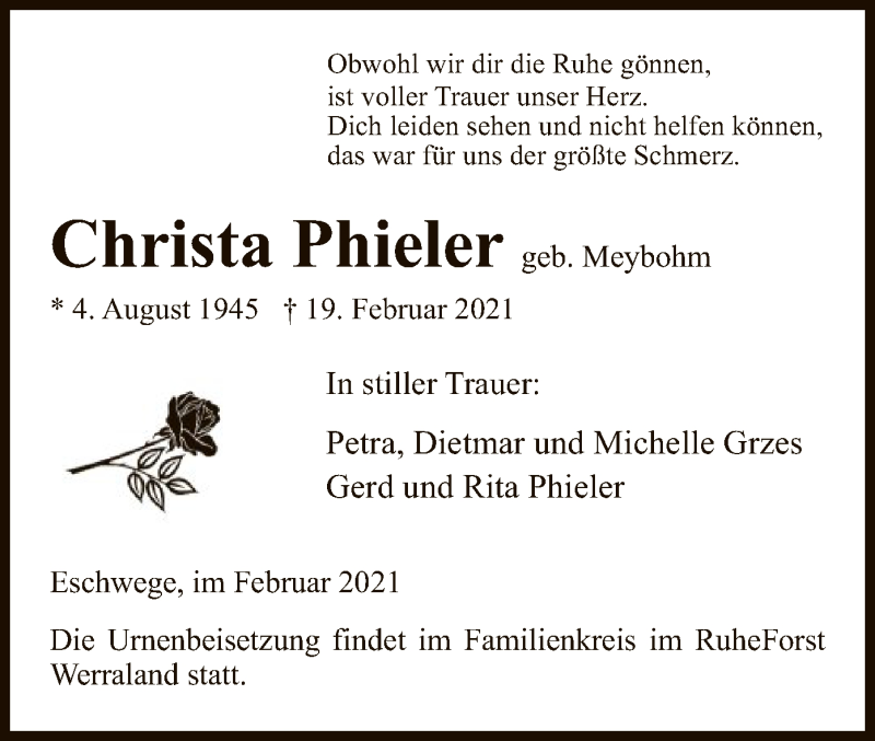  Traueranzeige für Christa Phieler vom 27.02.2021 aus WRS