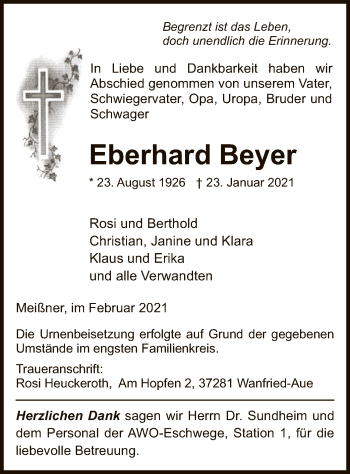 Traueranzeige von Eberhard Beyer von WRS