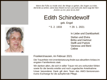 Traueranzeige von Edith Schindewolf von WRS