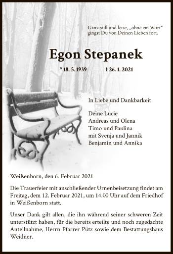 Traueranzeige von Egon Stepanek von WRS