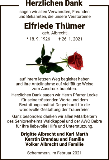 Traueranzeige von Elfriede Thümer von WRS