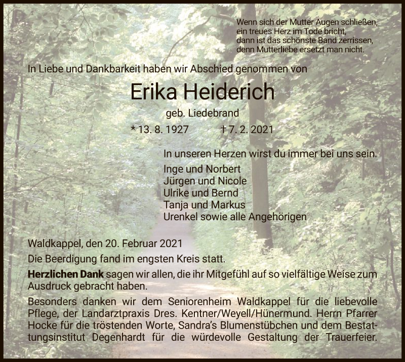  Traueranzeige für Erika Heiderich vom 20.02.2021 aus WRS