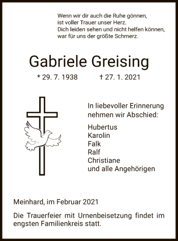 Traueranzeige von Gabriele Greising von WRS