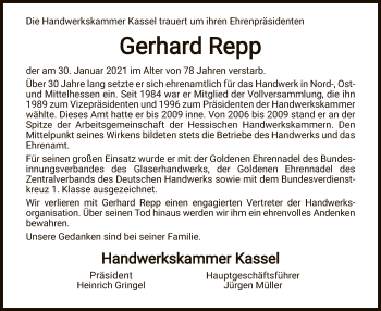 Traueranzeige von Gerhard Repp von HNA