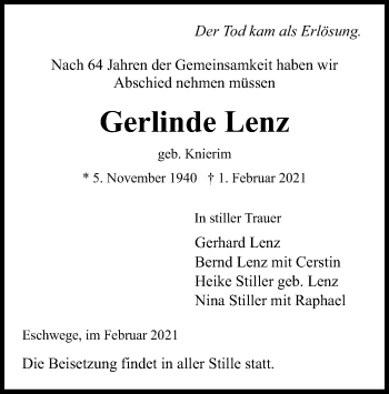 Traueranzeige von Gerlinde Lenz von WRS