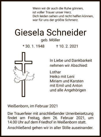 Traueranzeige von Giesela Schneider von WRS