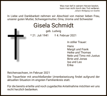 Traueranzeige von Gisela Schmidt von WRS