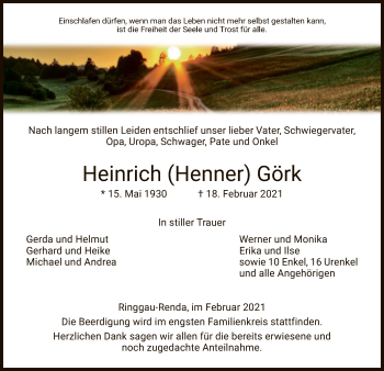 Traueranzeige von Heinrich Görk von WRS