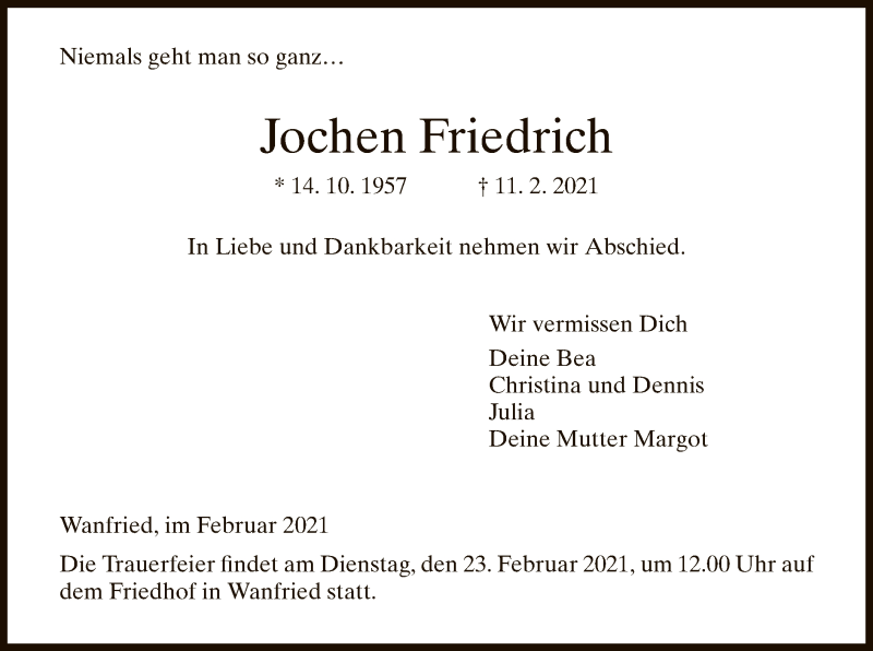  Traueranzeige für Jochen Friedrich vom 20.02.2021 aus WRS