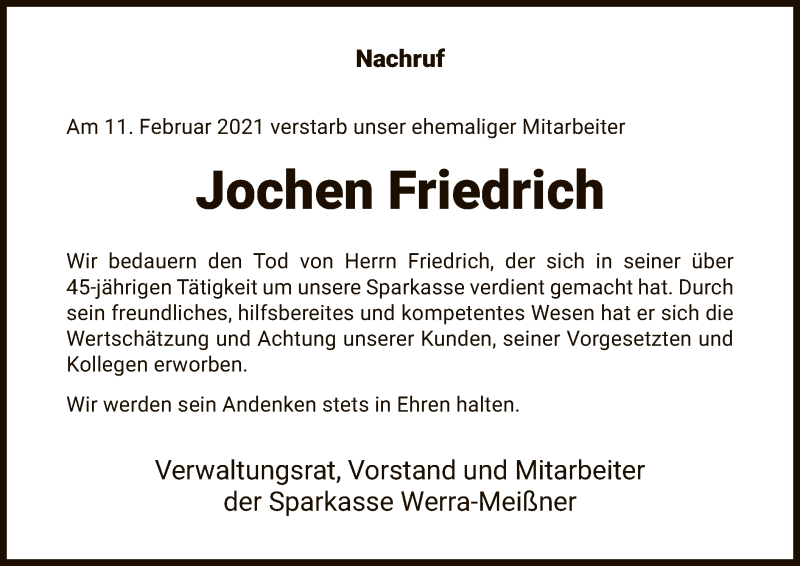  Traueranzeige für Jochen Friedrich vom 20.02.2021 aus WRS