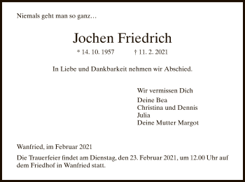 Traueranzeige von Jochen Friedrich von WRS