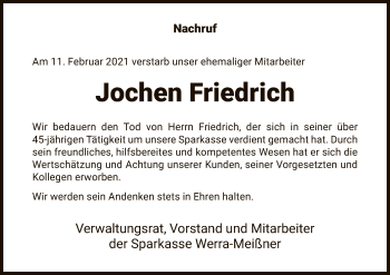 Traueranzeige von Jochen Friedrich von WRS