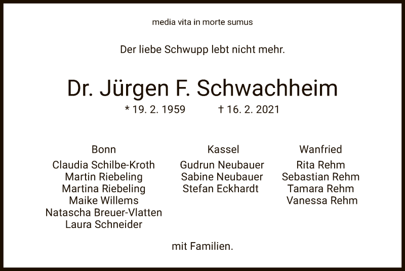  Traueranzeige für Jürgen F. Schwachheim vom 27.02.2021 aus WRS