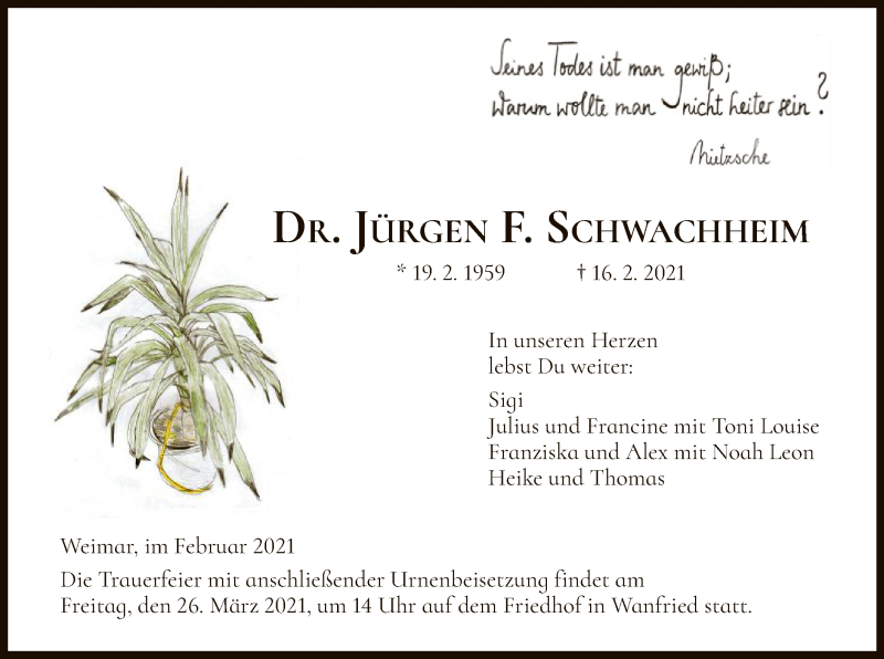  Traueranzeige für Jürgen F. Schwachheim vom 27.02.2021 aus WRS