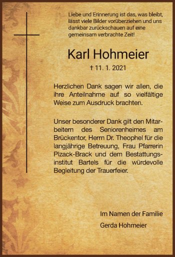 Traueranzeige von Karl Hohmeier von WRS