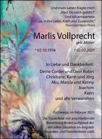 Traueranzeige von Marlis Vollprecht von WRS