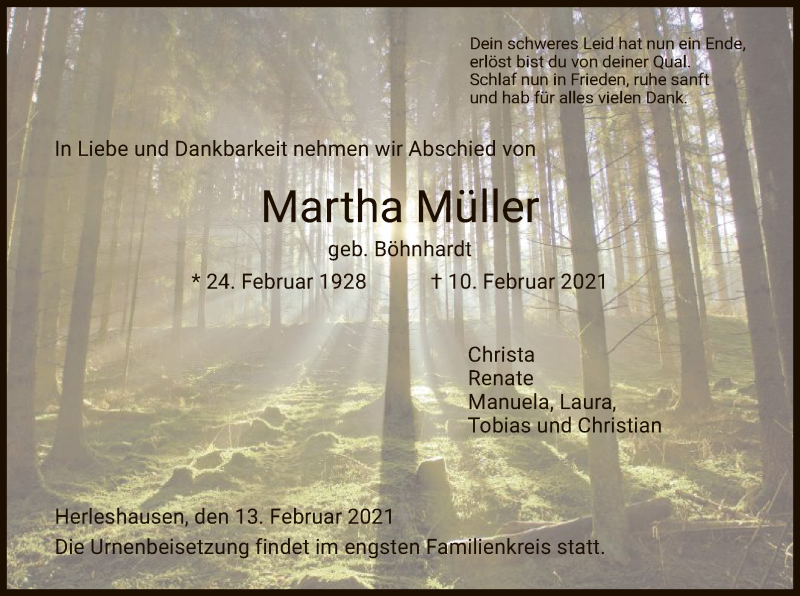  Traueranzeige für Martha Müller vom 13.02.2021 aus WRS