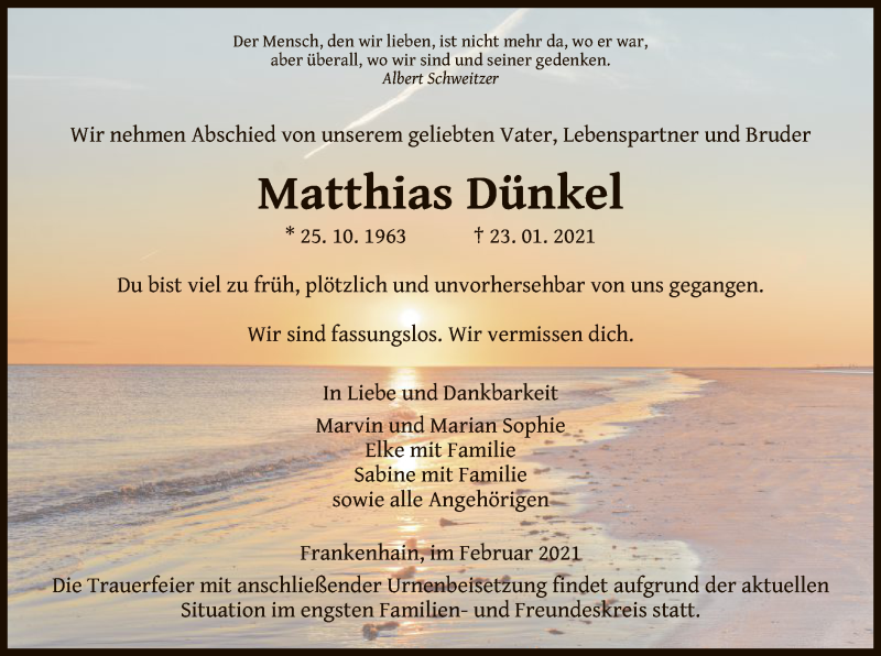  Traueranzeige für Matthias Dünkel vom 13.02.2021 aus WRS