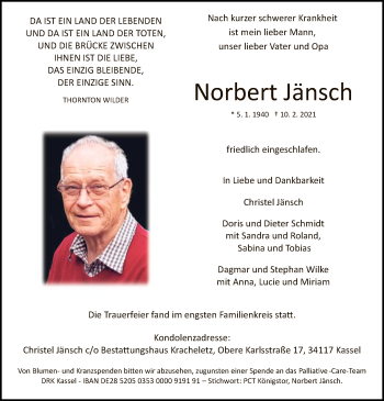 Traueranzeige von Norbert Jänsch von HNA