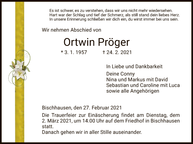  Traueranzeige für Ortwin Pröger vom 27.02.2021 aus WRS