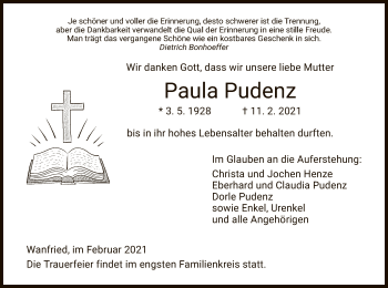 Traueranzeige von Paula Pudenz von WRS