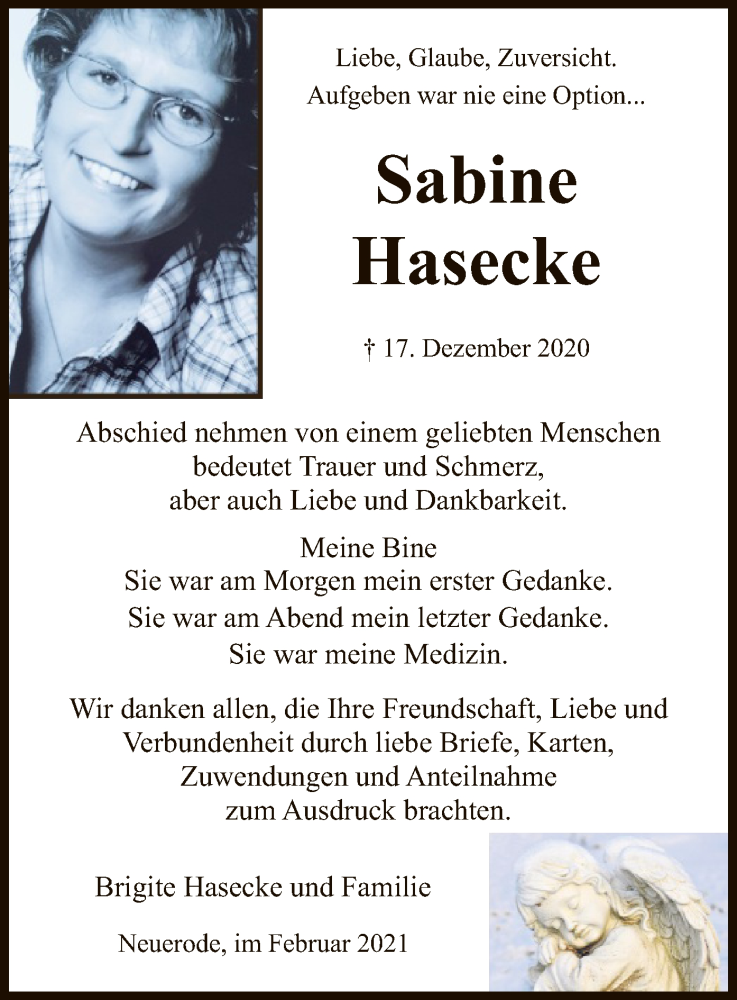  Traueranzeige für Sabine Hasecke vom 27.02.2021 aus WRS