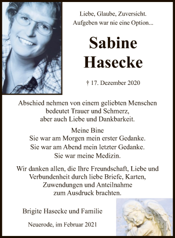 Traueranzeige von Sabine Hasecke von WRS