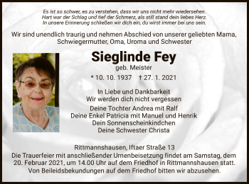 Traueranzeige von Sieglinde Fey von WRS