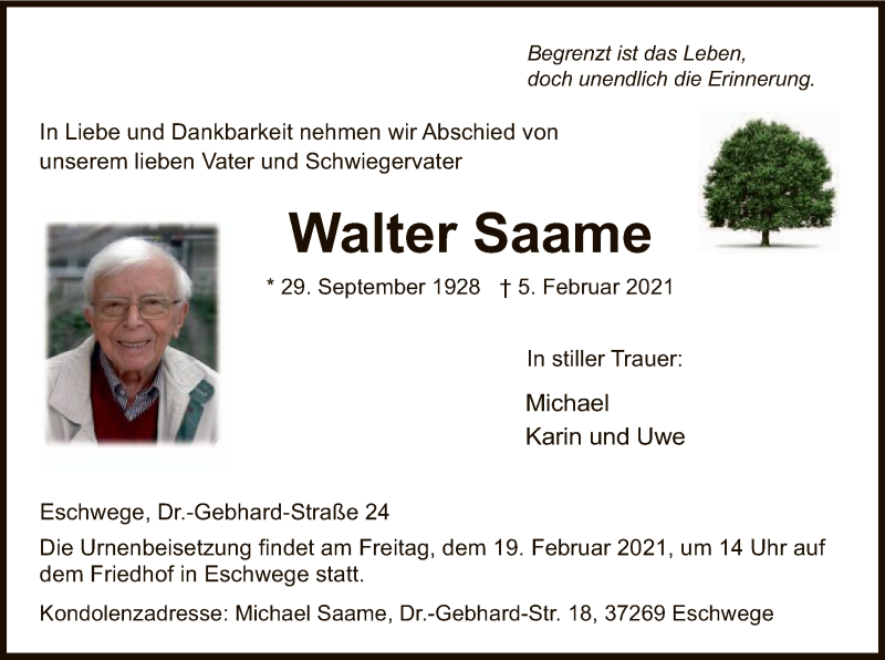  Traueranzeige für Walter Saame vom 13.02.2021 aus WRS