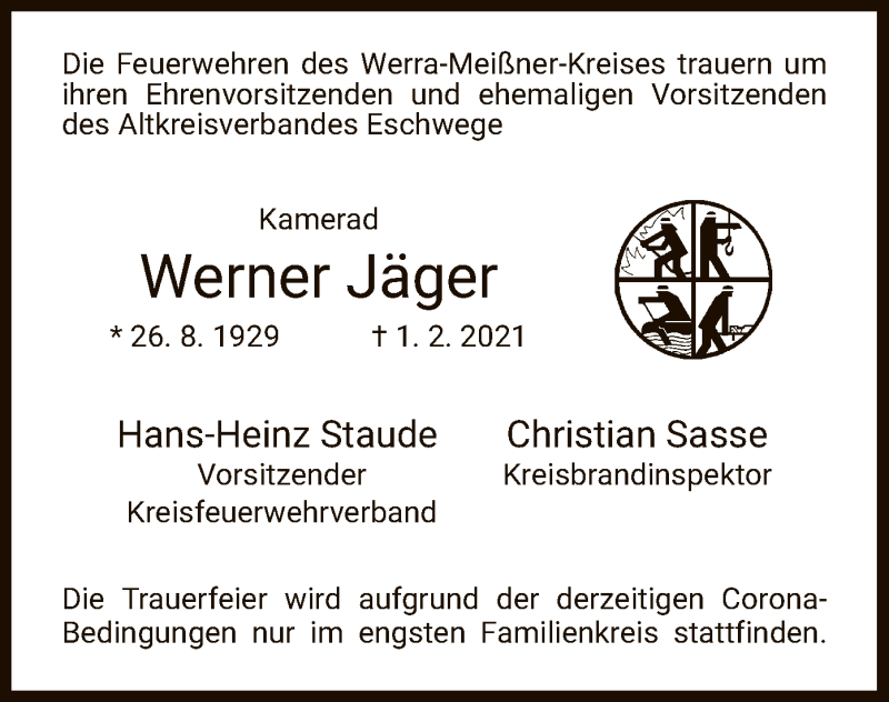  Traueranzeige für Werner Jäger vom 15.02.2021 aus WRS