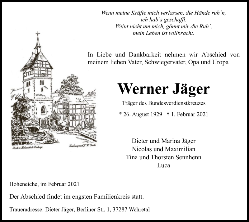  Traueranzeige für Werner Jäger vom 13.02.2021 aus WRS