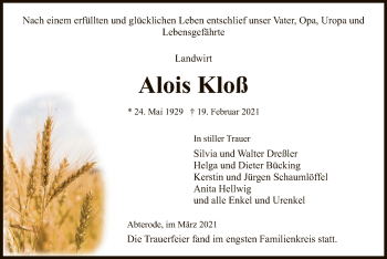 Traueranzeige von Alois Kloß von WRS