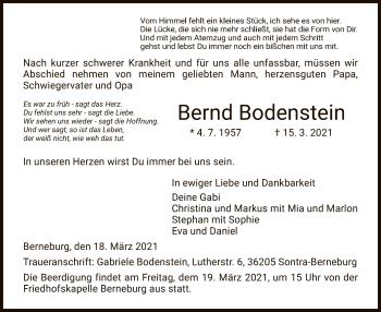 Traueranzeige von Bernd Bodenstein von WRS