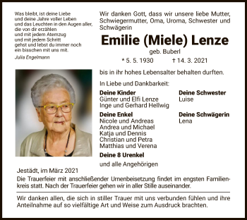 Traueranzeige von Emilie Lenze von WRS