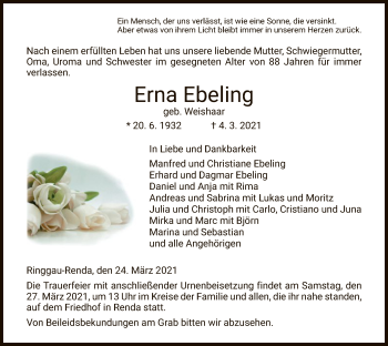 Traueranzeige von Erna Ebeling von WRS