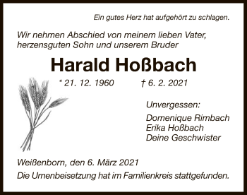 Traueranzeige von Harald Hoßbach von WRS