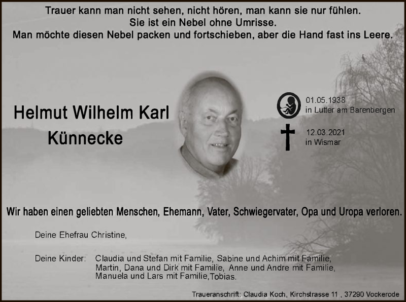  Traueranzeige für Helmut Wilhelm Karl Künnecke vom 20.03.2021 aus WRS