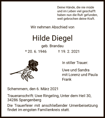 Traueranzeige von Hilde Diegel von HNA