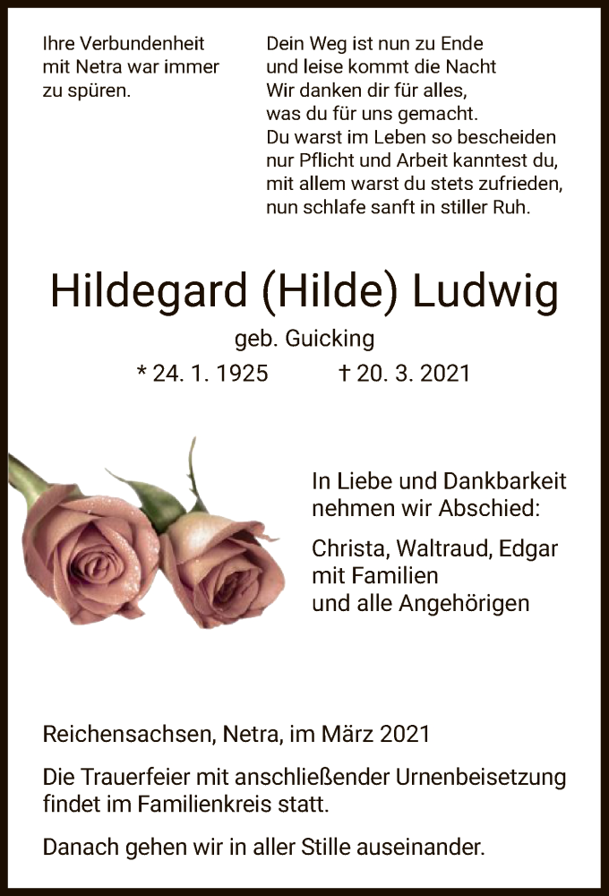  Traueranzeige für Hildegard Ludwig vom 31.03.2021 aus WRS