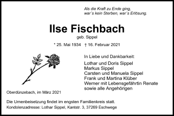 Traueranzeige von Ilse Fischbach von WRS