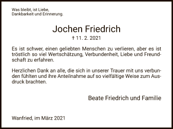 Traueranzeige von Jochen Friedrich von WRS