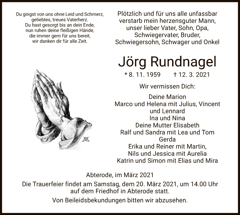  Traueranzeige für Jörg Rundnagel vom 18.03.2021 aus WRS